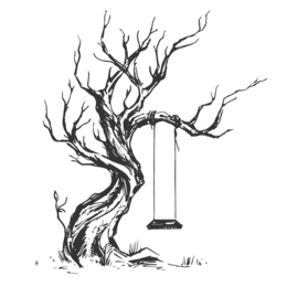 Verzweigter, alter Baum mit einer Holzschaukel, die an einem starken Ast h&auml;ngt. Gras umgibt den Baumstamm.